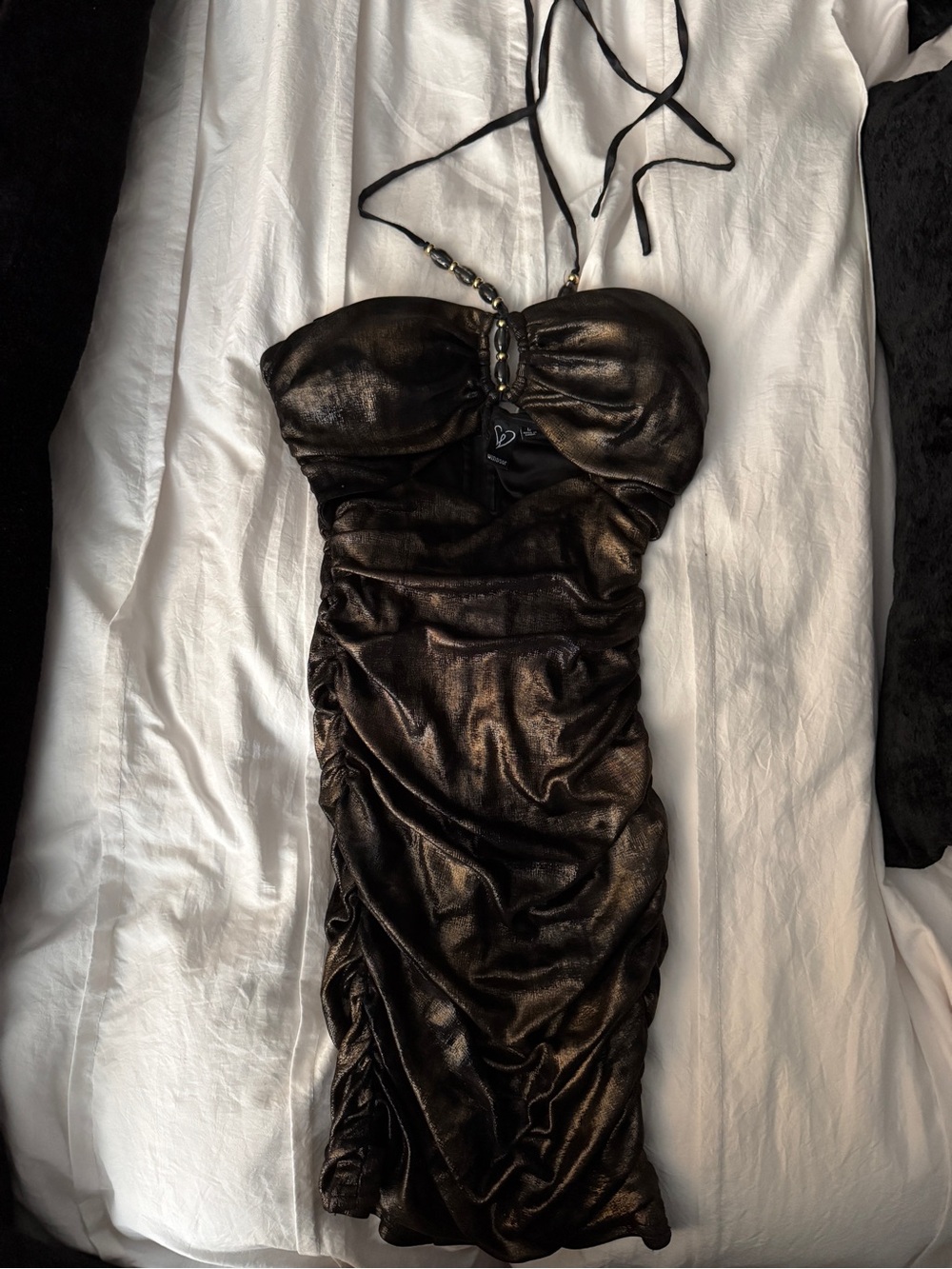 Metallic Bronze Halter Ruched Bodycon Dress